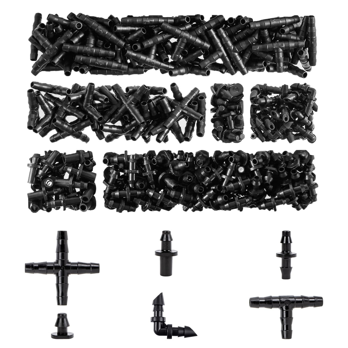 RainFlow drip fittings kit 1/4 inch close-up of barbed connectors for leak-free connections