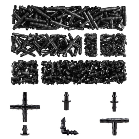 RainFlow drip fittings kit 1/4 inch close-up of barbed connectors for leak-free connections