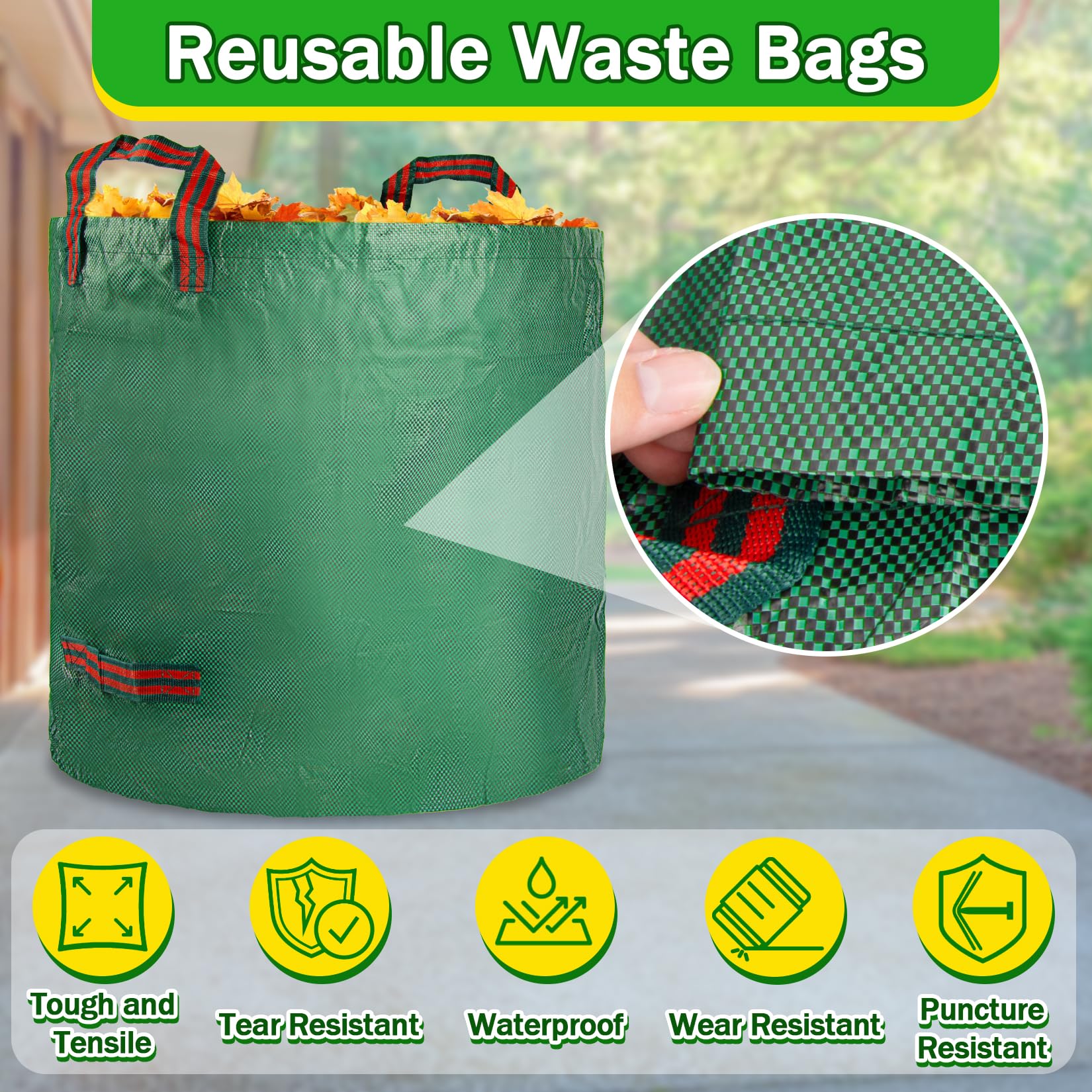 RAINFLOW bag filled with leaves showcases versatile outdoor cleanup.