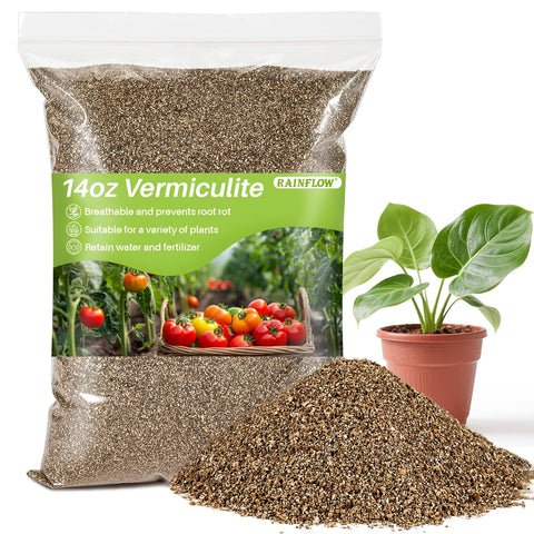 Rainflow Vermiculite 14oz bag showing packaging for garden use and soil conditioning benefits