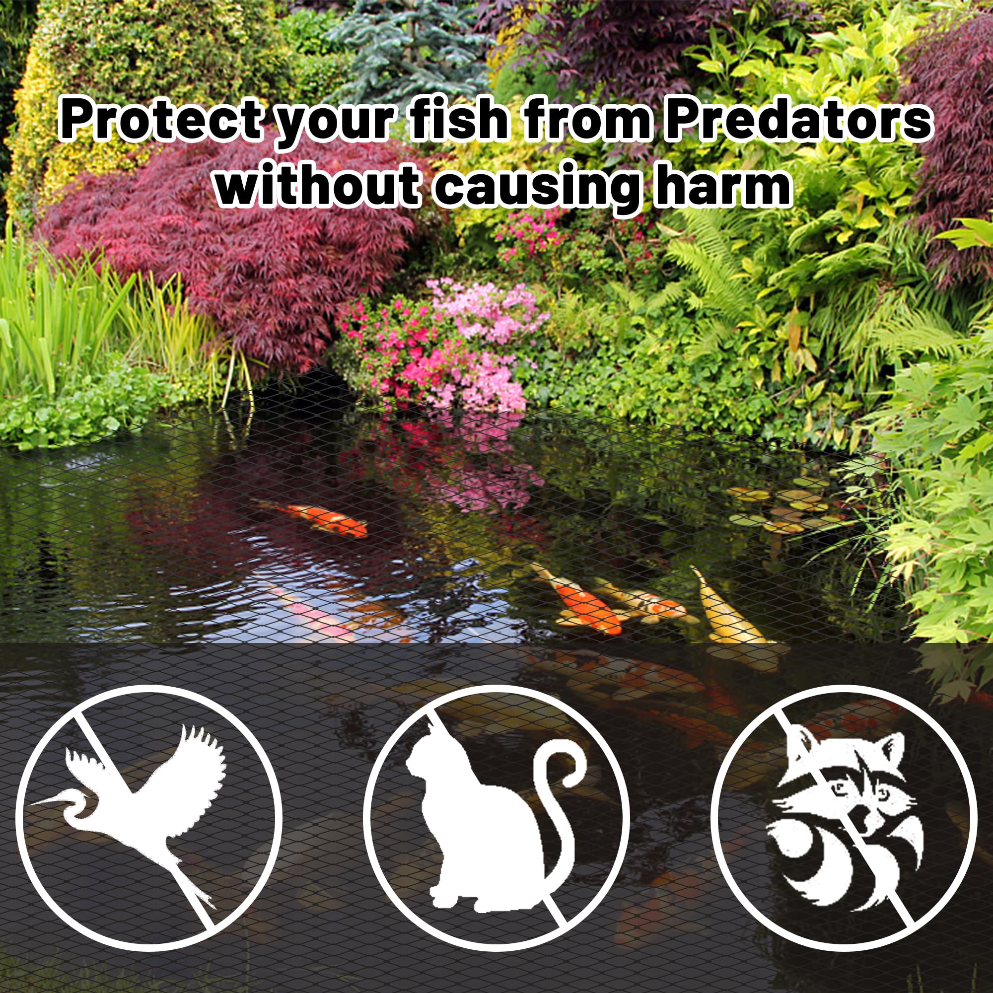 Rainleaf koi pond netting stretched edge to edge across the water
