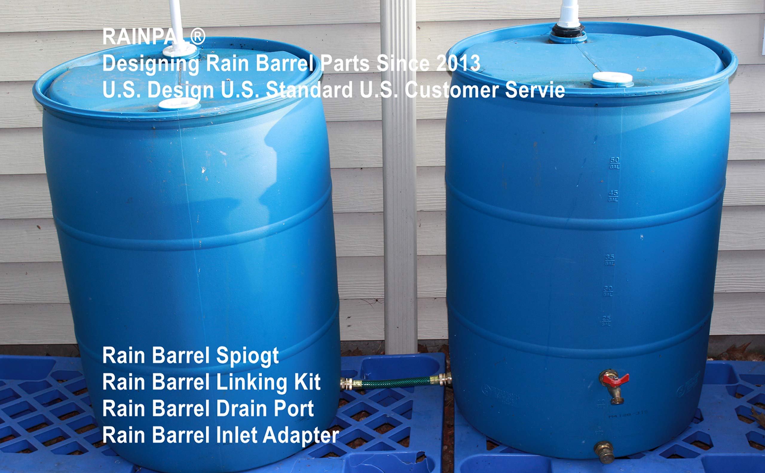 RAINPAL RBL020: content layout shows two brass bulkheads and an 8-inch hose.