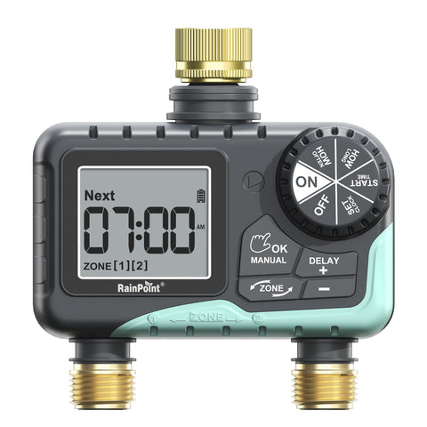 RAINPOINT 2 Zone timer with brass inlet for durable garden connections.