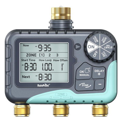 Rainpoint 3-zone timer with brass inlet-outlet for durable irrigation control.