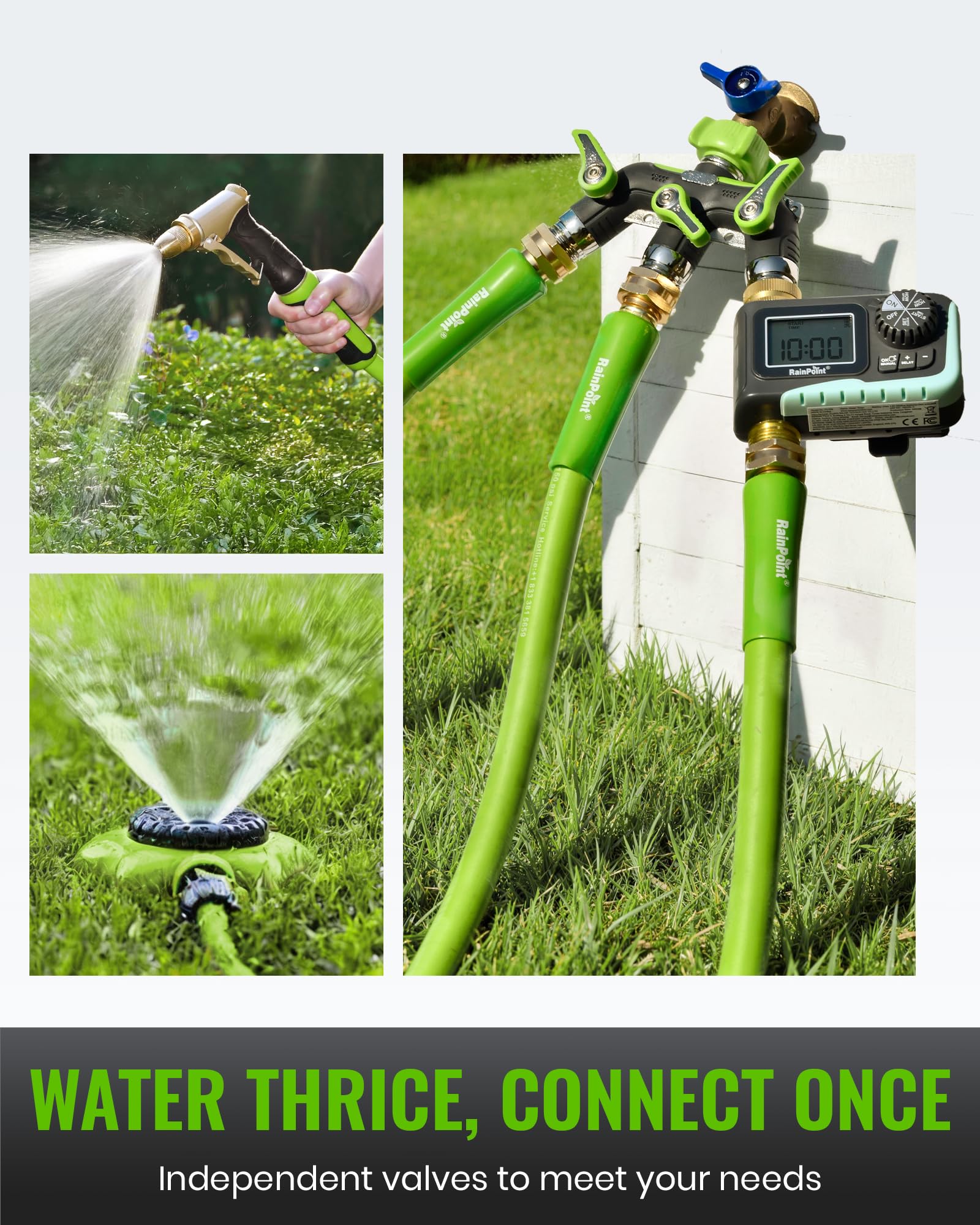 Rainpoint 30-degree configuration reduces hose interference and aids setup.