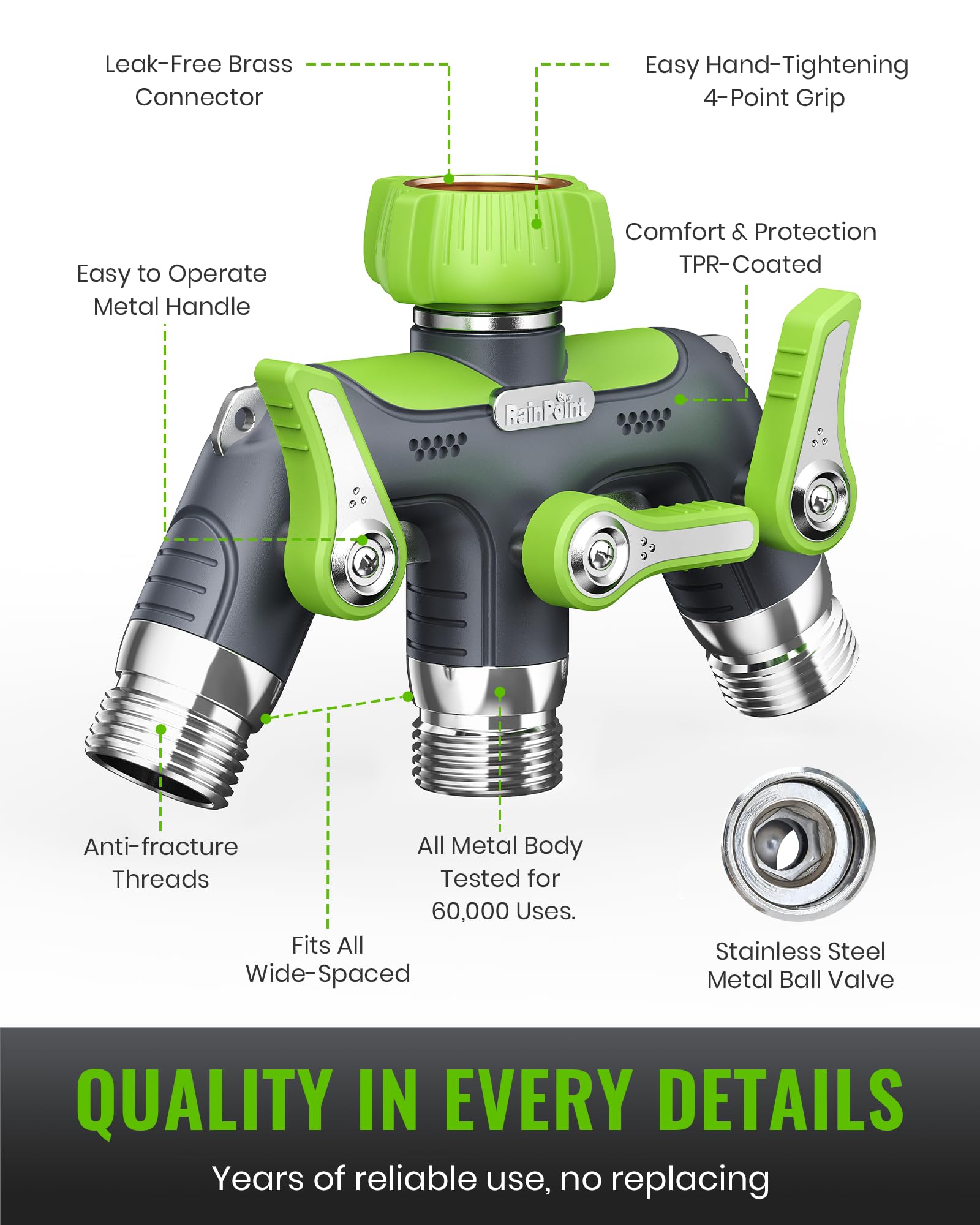 Rainpoint brass connections ensure leak-free joints on standard 3/4 inch GHT threads.