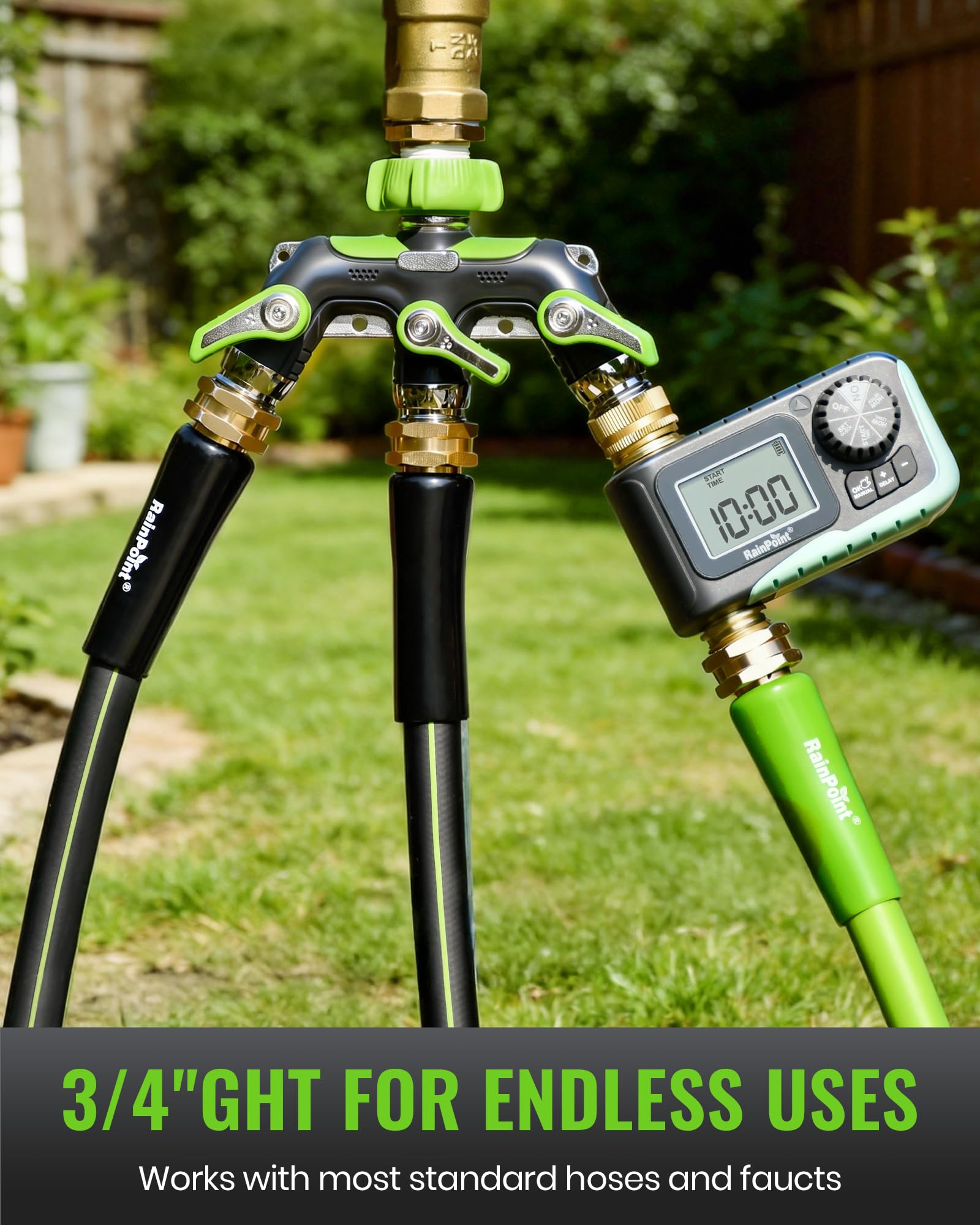Rainpoint 2.94-inch outlet spacing fits side-by-side hoses and sprinklers.