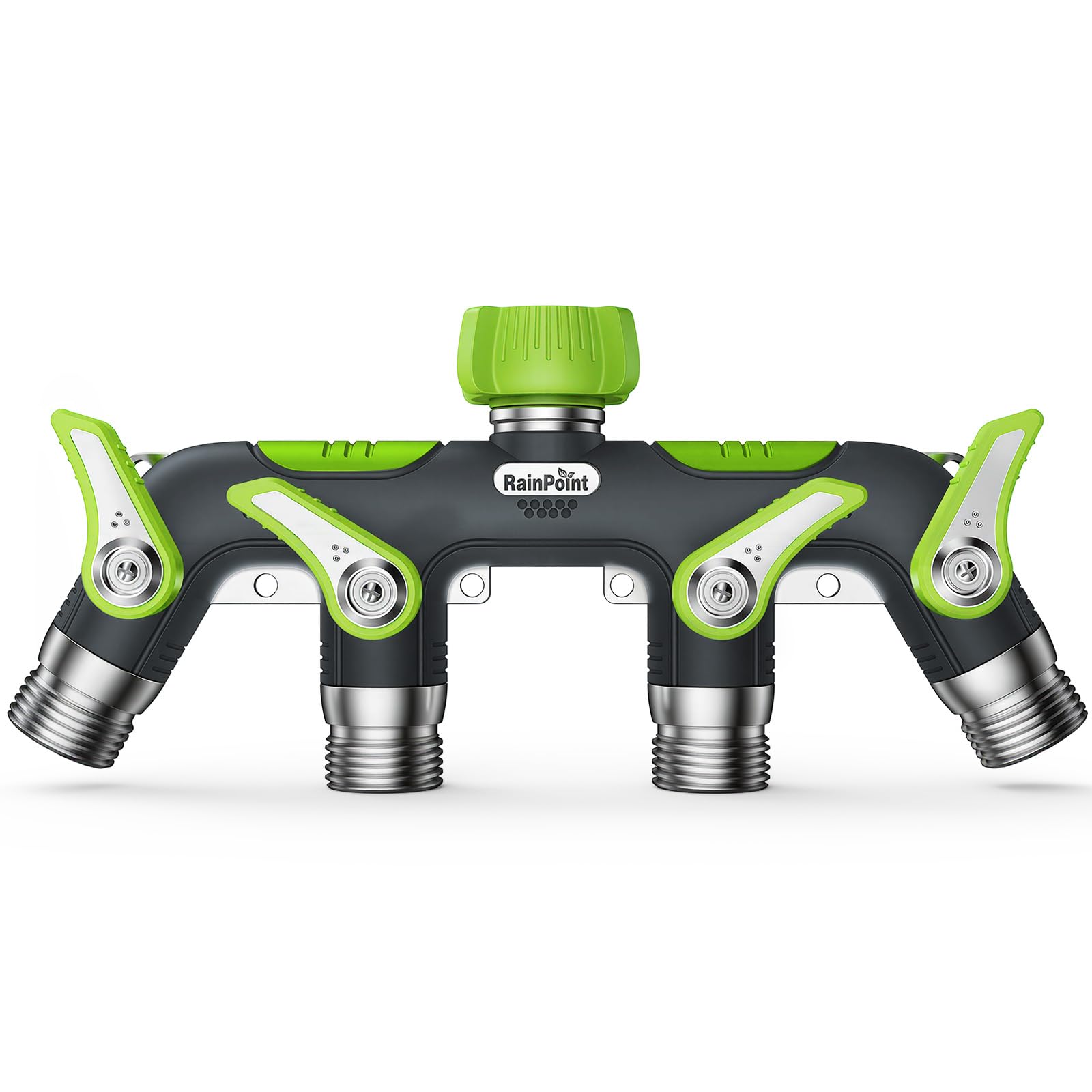 RAINPOINT 4-Way splitter close-up with four valves for independent watering.