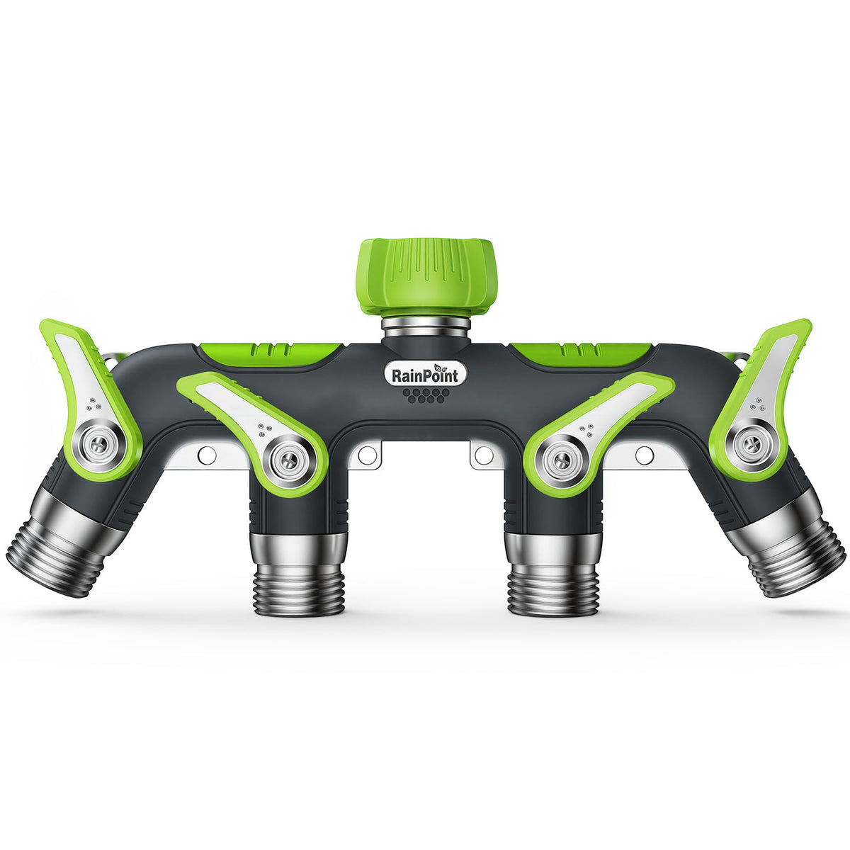 RAINPOINT 4-Way splitter close-up with four valves for independent watering.