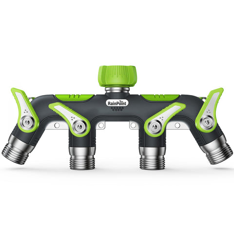 RAINPOINT 4-Way splitter close-up with four valves for independent watering.