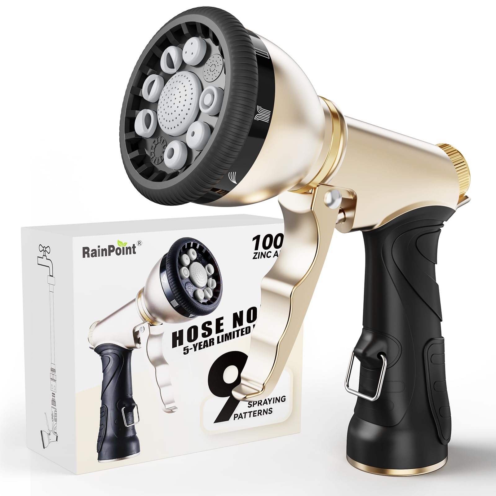 RAINPOINT 9 Patterns Hand Sprayer nozzle offers versatile watering for gardens and containers.