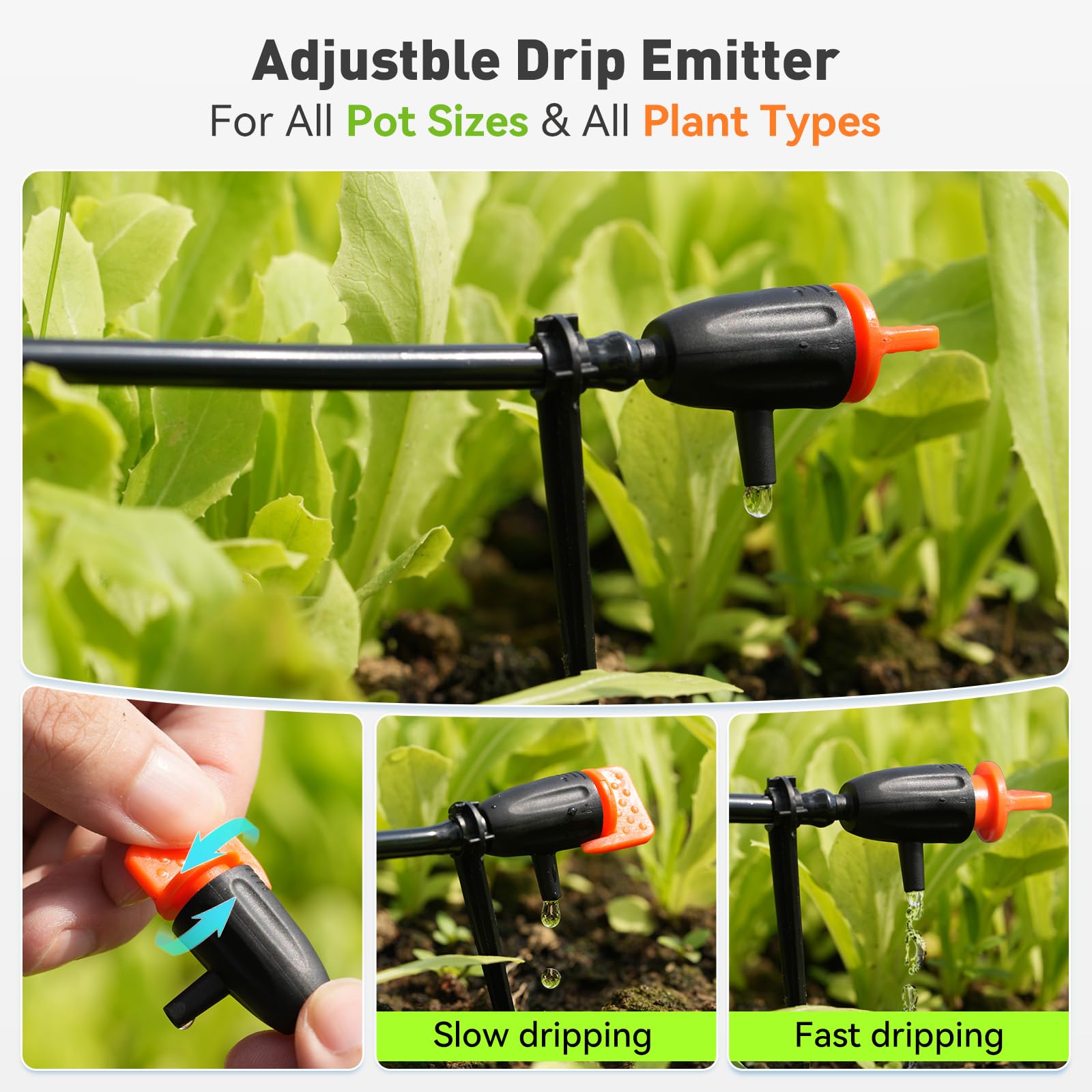 RAINPOINT adjustable emitter enables per-pot flow customization for balanced irrigation.