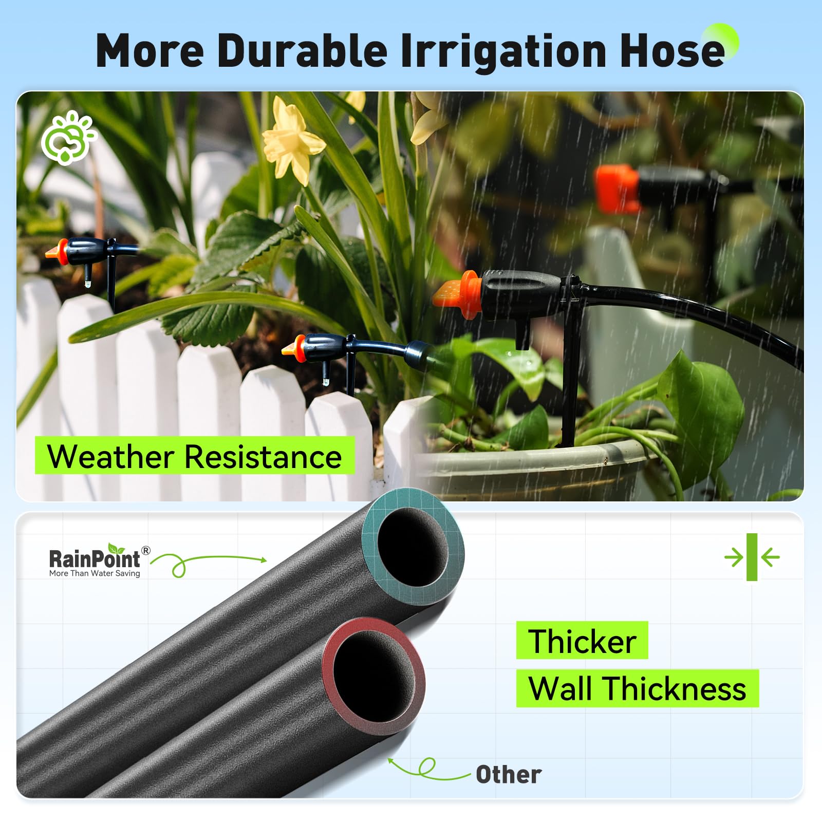 RainPoint anti-siphon valve helps prevent unintended water drain.