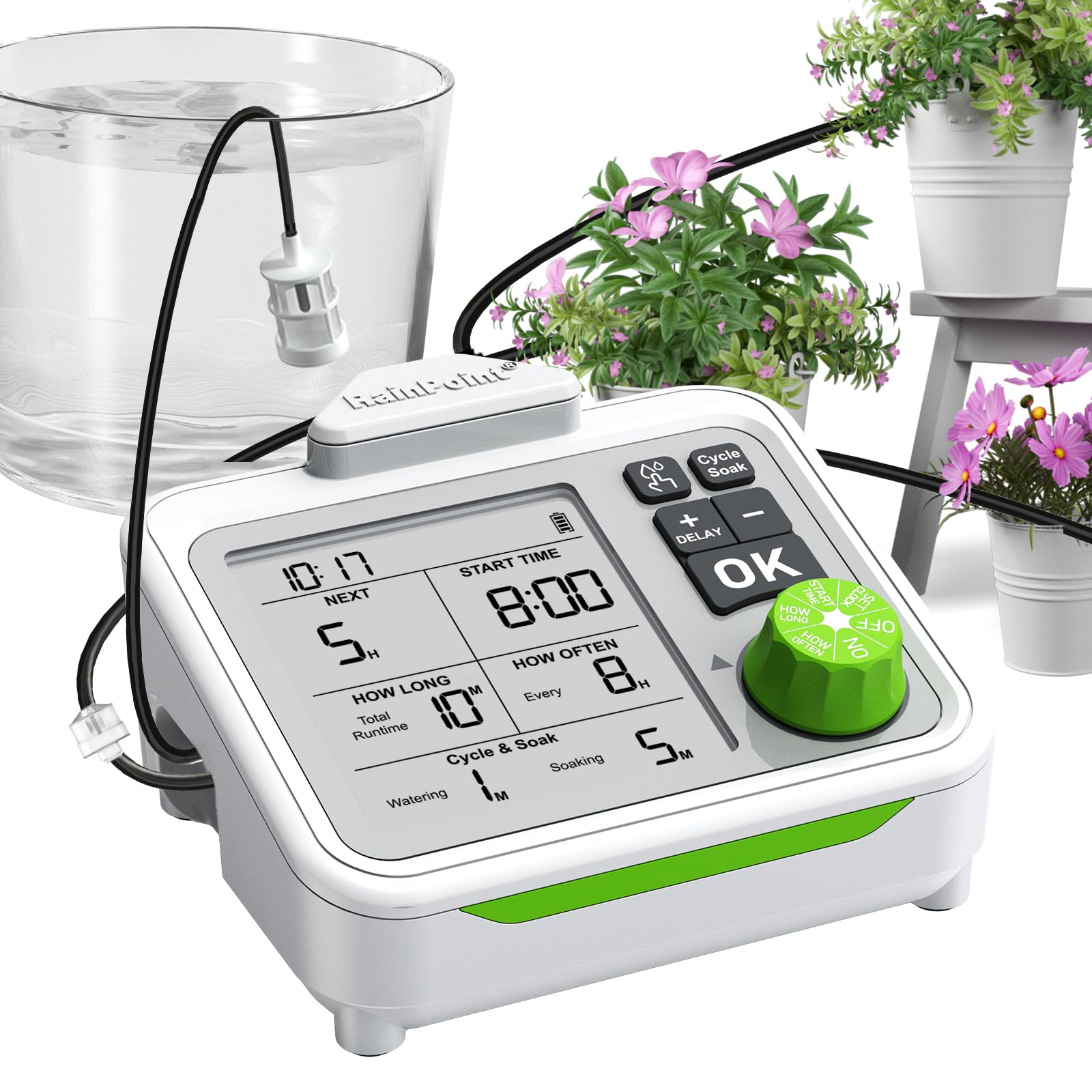 RAINPOINT auto-watering pump for reliable irrigation across potted plants.