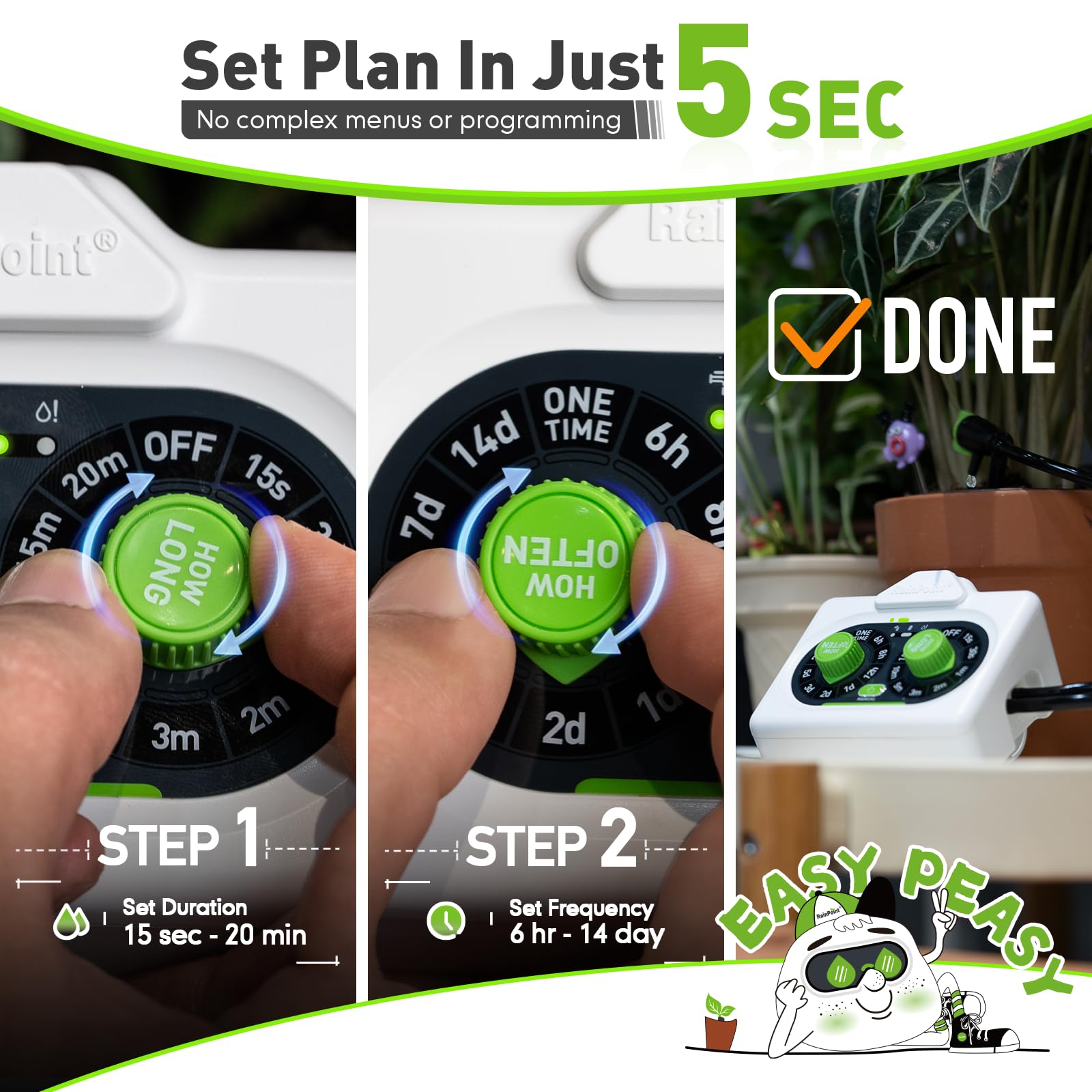 RAINPOINT automatic watering dial demonstrates quick, beginner-friendly schedule creation.