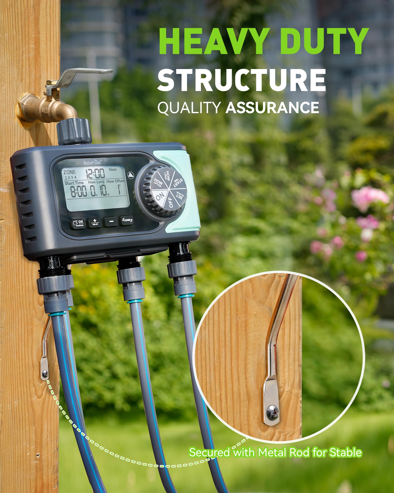 RAINPOINT battery-powered outdoor timer runs on AA batteries for portability