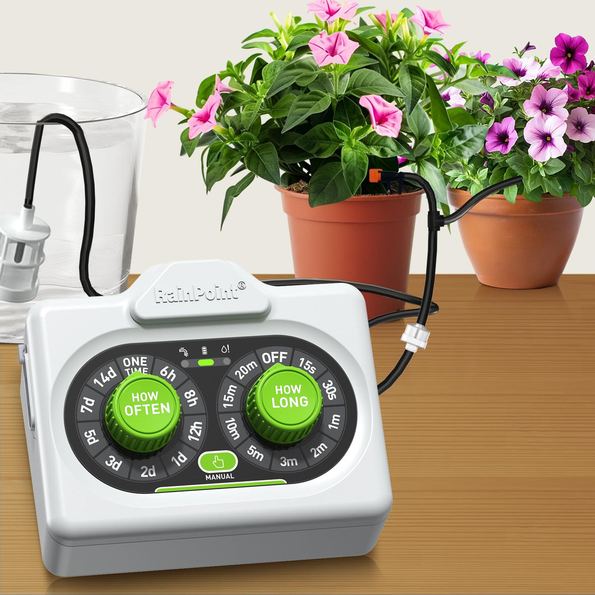 RAINPOINT waterer control panel shows simple dial setup for effortless watering.