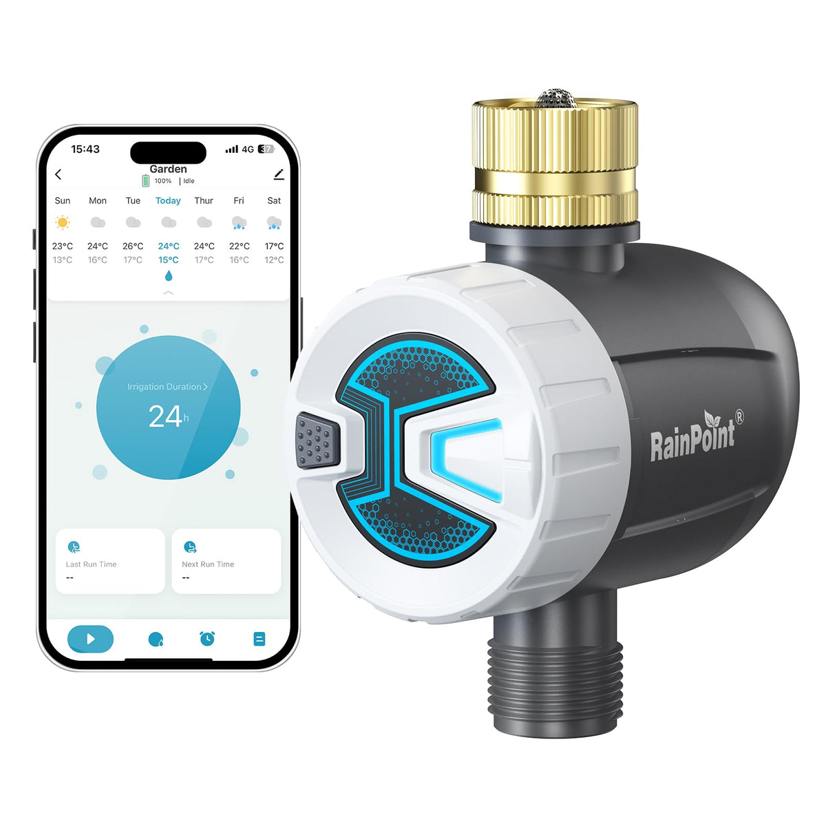 RAINPOINT Bluetooth timer with brass inlet and 360 swivel for leak-free outdoor setup.