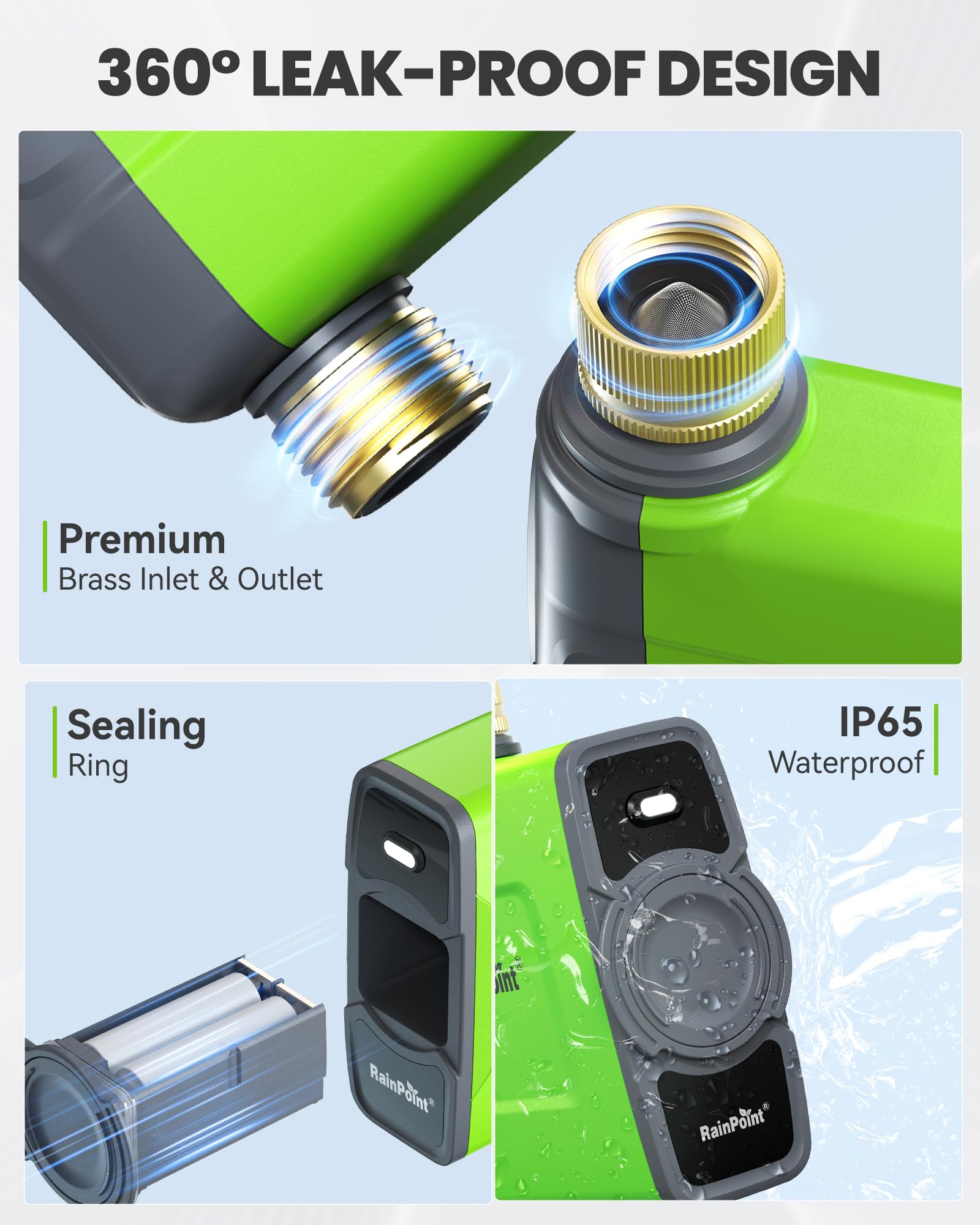 Rainpoint brass inlet-outlet close-up highlighting leak resistance and clog protection.