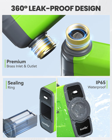 Rainpoint brass inlet-outlet close-up highlighting leak resistance and clog protection.