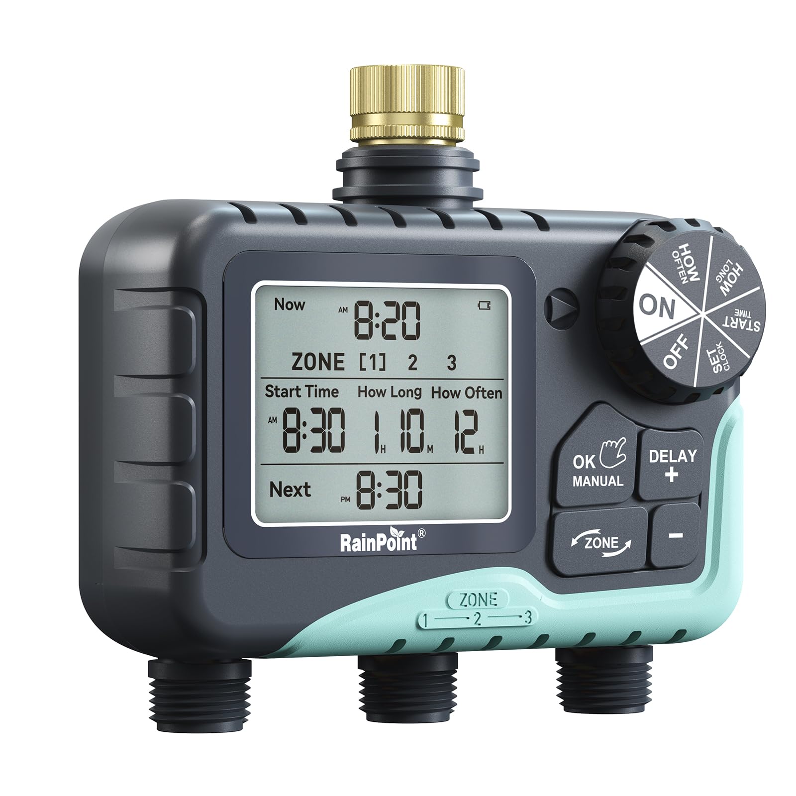 RAINPOINT brass inlet sprinkler timer for durable garden connection