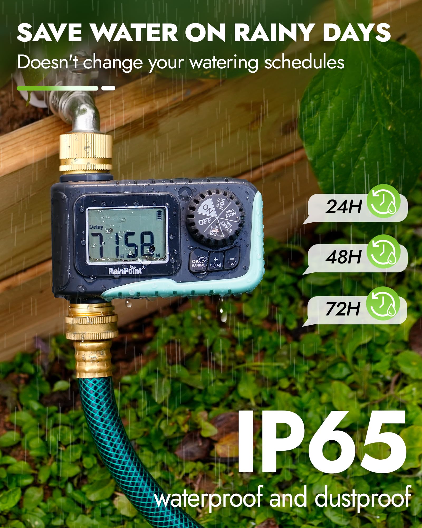 RAINPOINT timer used for garden hose, lawn sprinkler, and greenhouse irrigation