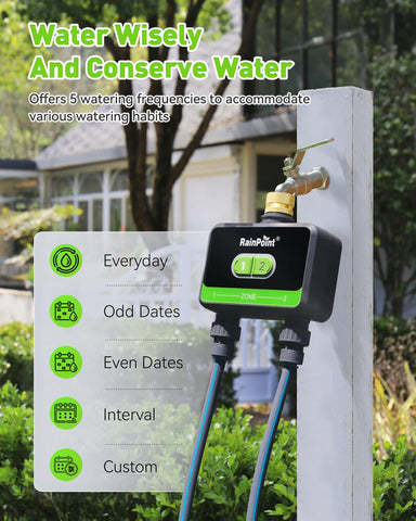 RainPoint dual-zone setup enables independent schedules for lawn and beds.