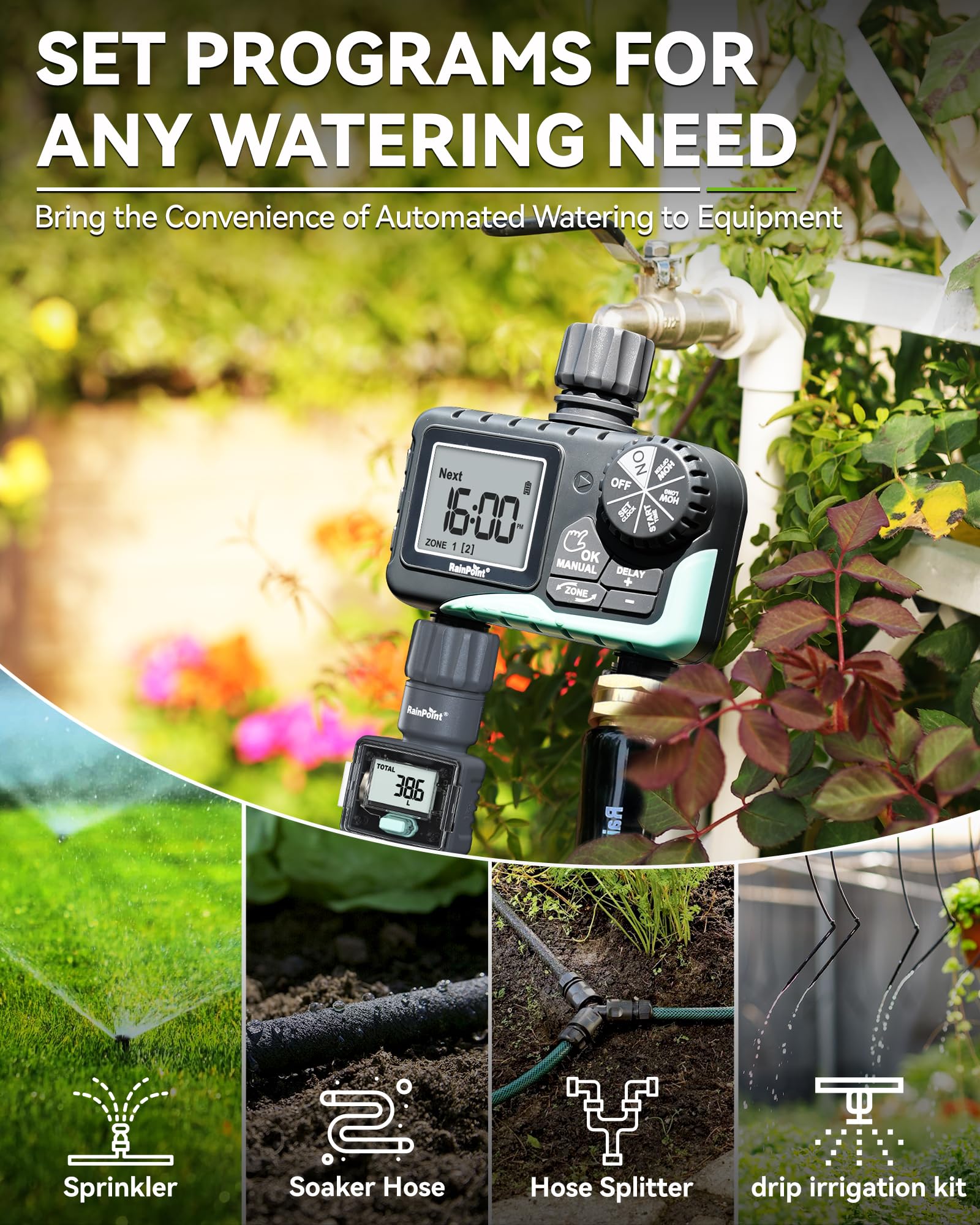 Rainpoint dual-zone timer for garden hose irrigation.