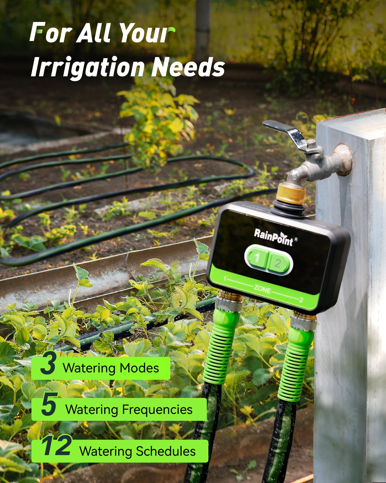 RAINPOINT brass dual zones enable independent scheduling for lawn and garden.
