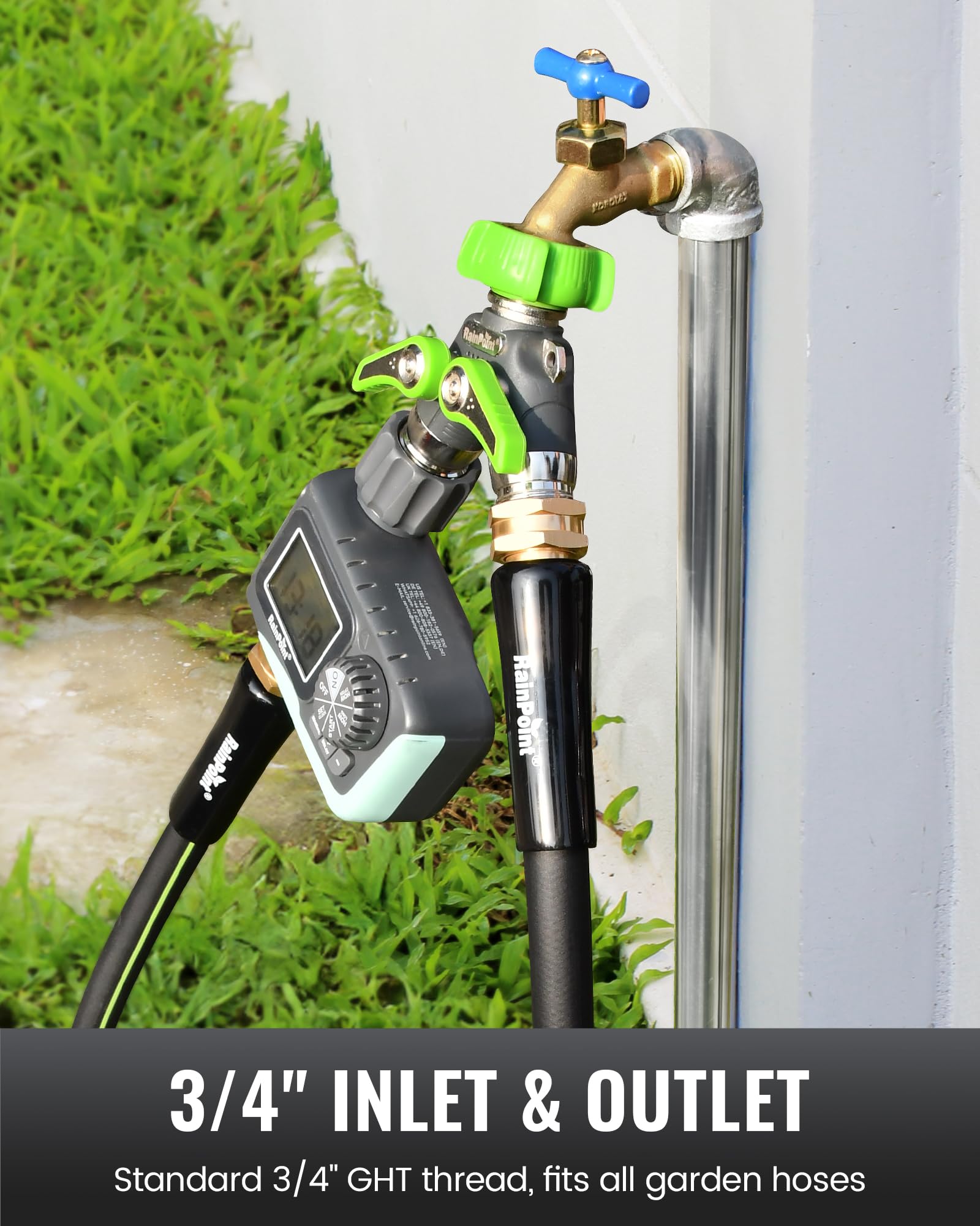 RAINPOINT quick-connect compatible outlets on the splitter simplify hose setup
