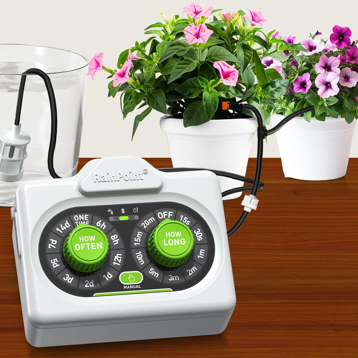 RAINPOINT waterer control panel with two dials for quick setup