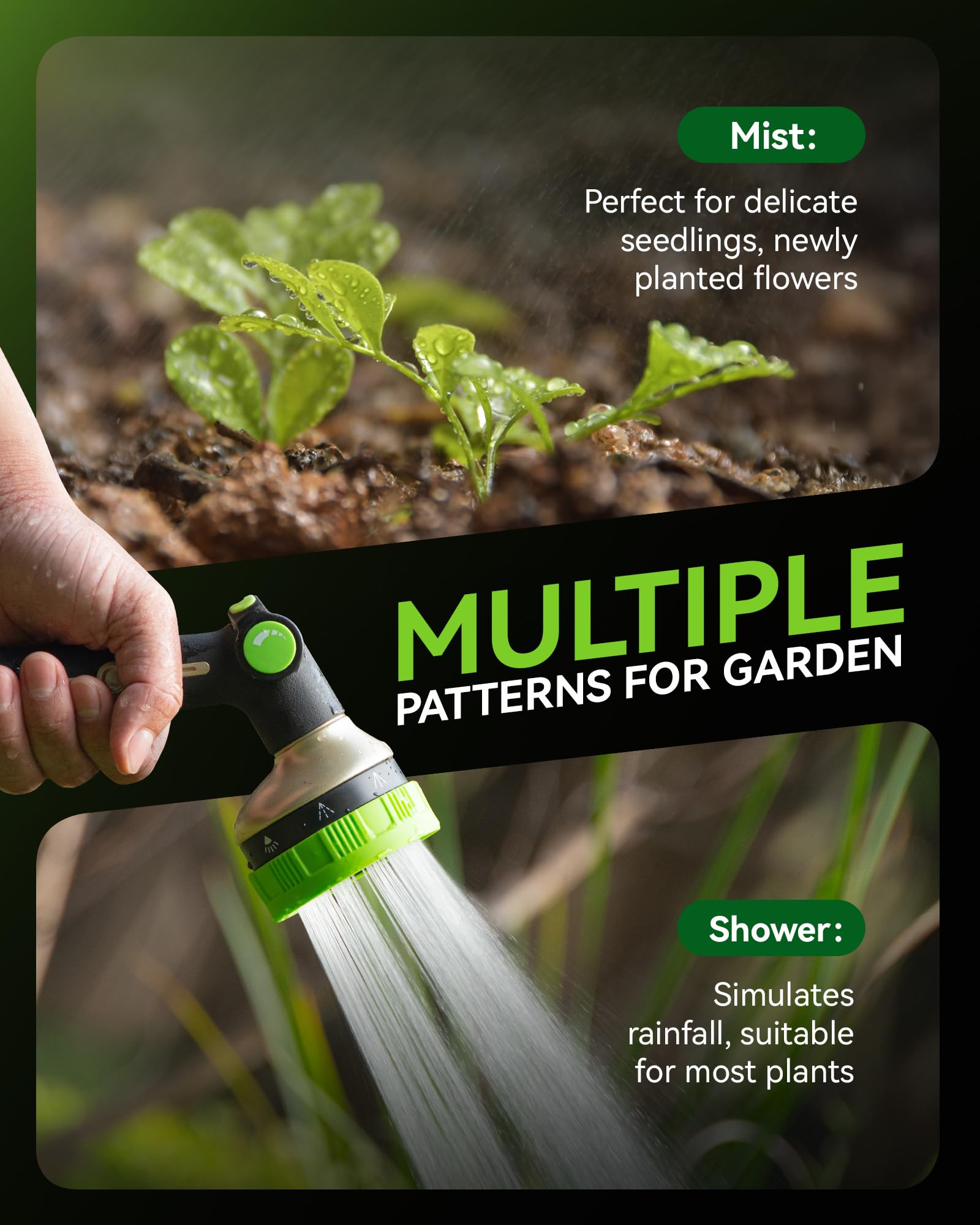 RAINPOINT eight spray patterns cover watering, cleaning, and rinsing tasks.