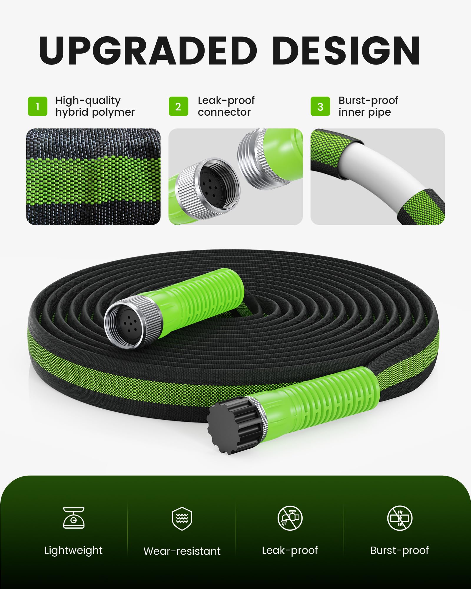 RAINPOINT flat soaker hose, connection end, anodized fittings reduce leaks for reliability.