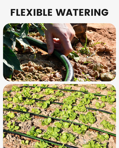 RAINPOINT flat-soaker hose enabling linking multiple hoses for larger irrigation.