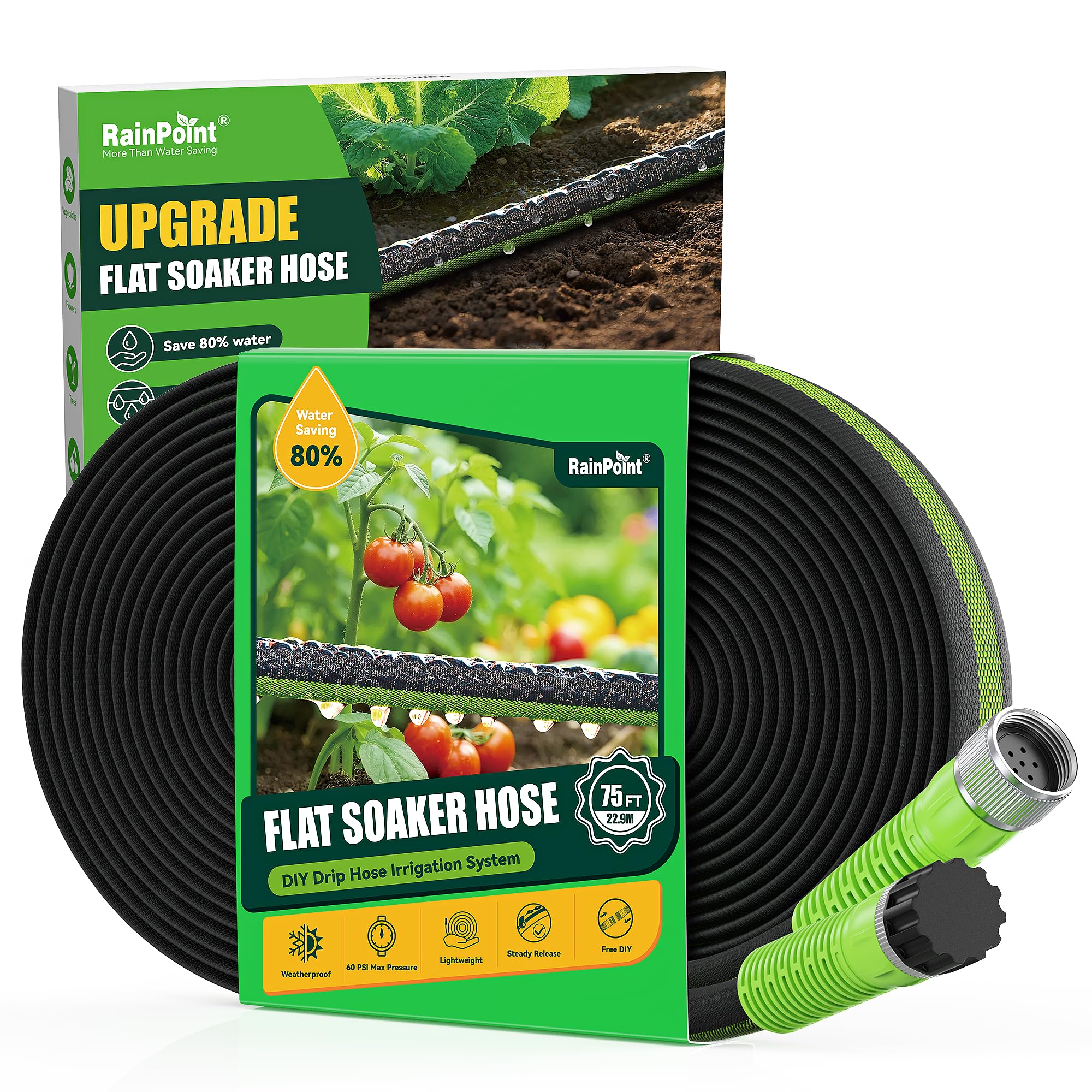 RAINPOINT flat soaker hose 75ft, front view, promotes even watering in the garden.