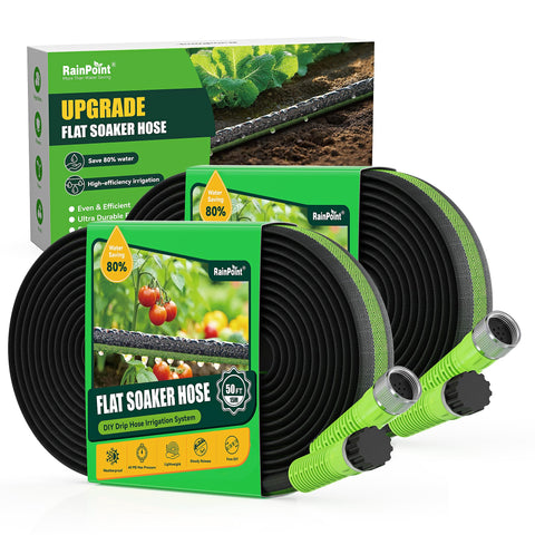 RAINPOINT flat soaker hose 100ft laid on soil for even watering.