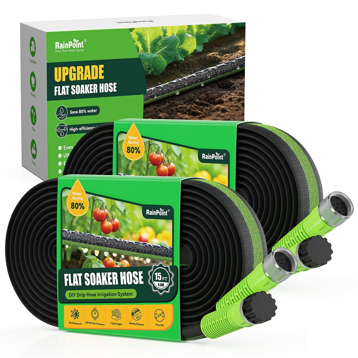 RAINPOINT flat soaker hose assembly shows easy end-to-end linking for irrigation