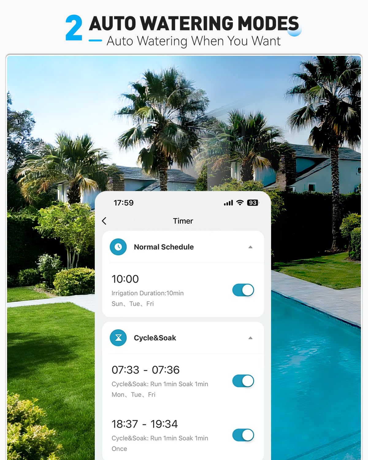 RAINPOINT four-mode watering setup supports cycle, soak, rain delays, and manual override.