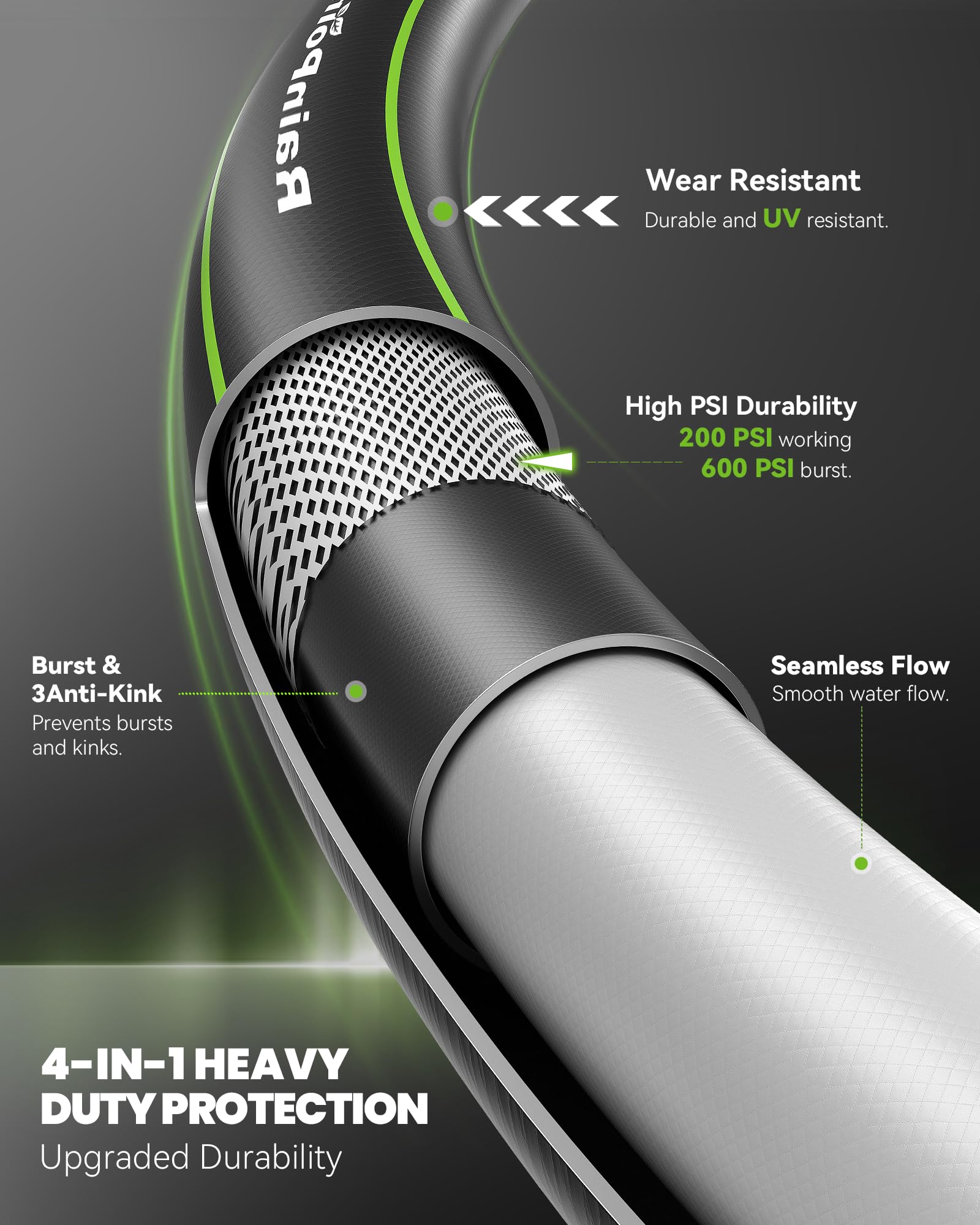 RainPoint 4-layer design provides rugged durability with 600 PSI burst strength