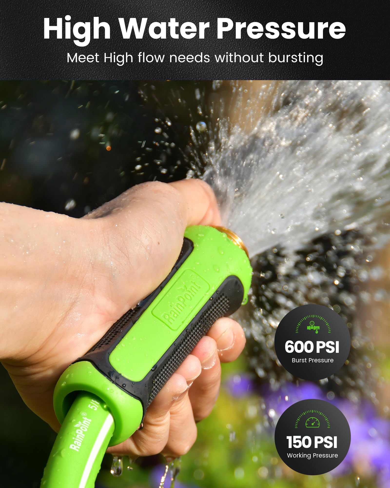 RAINPOINT hose 75ft with leakproof copper fittings ensures a secure seal during use.
