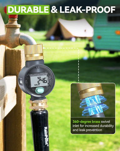 RAINPOINT meter shows four modes including flow, consumption, average, and total