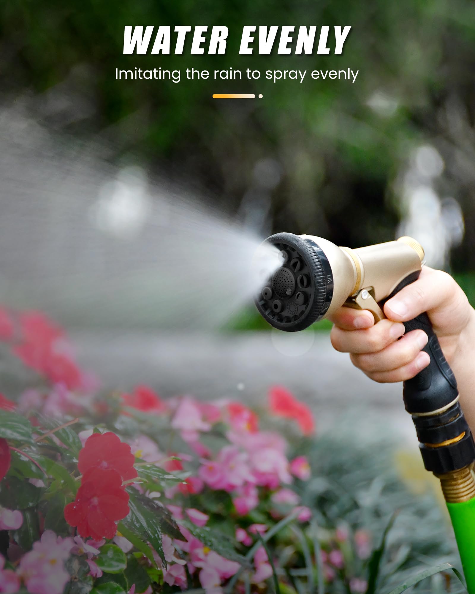 Rainpoint nine-mode nozzle includes jet and shower for precise watering.