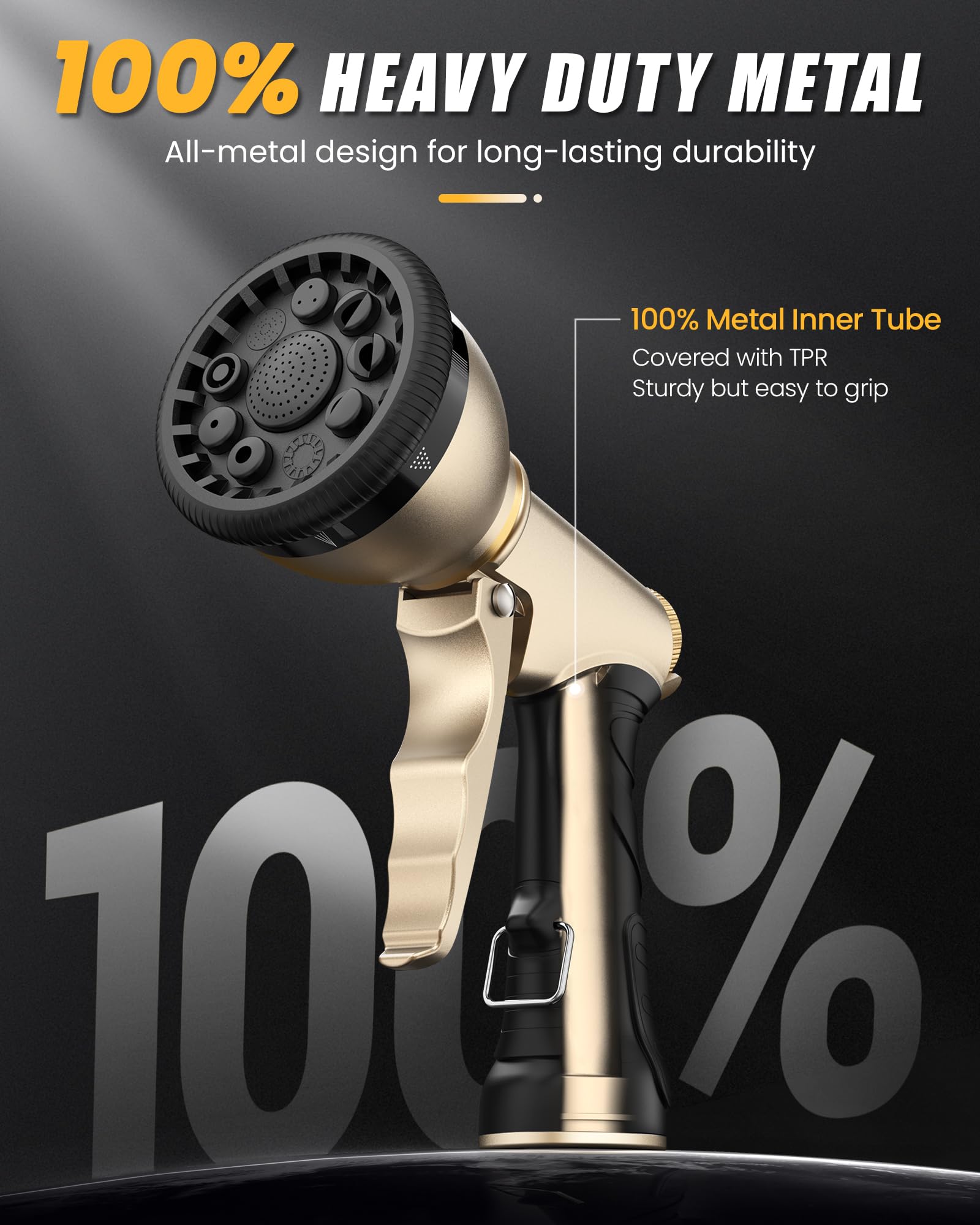 Rainpoint nozzle showing nine adjustable patterns for versatile watering tasks.