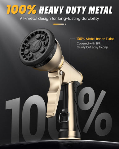 Rainpoint nozzle showing nine adjustable patterns for versatile watering tasks.