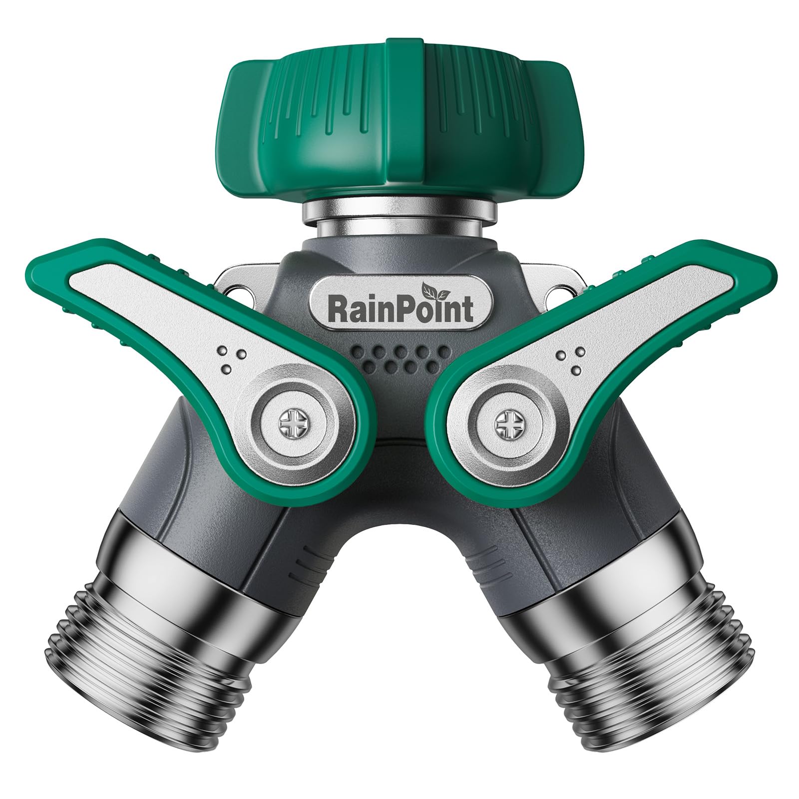 RAINPOINT garden hose splitter body showing rugged all-metal construction for durability