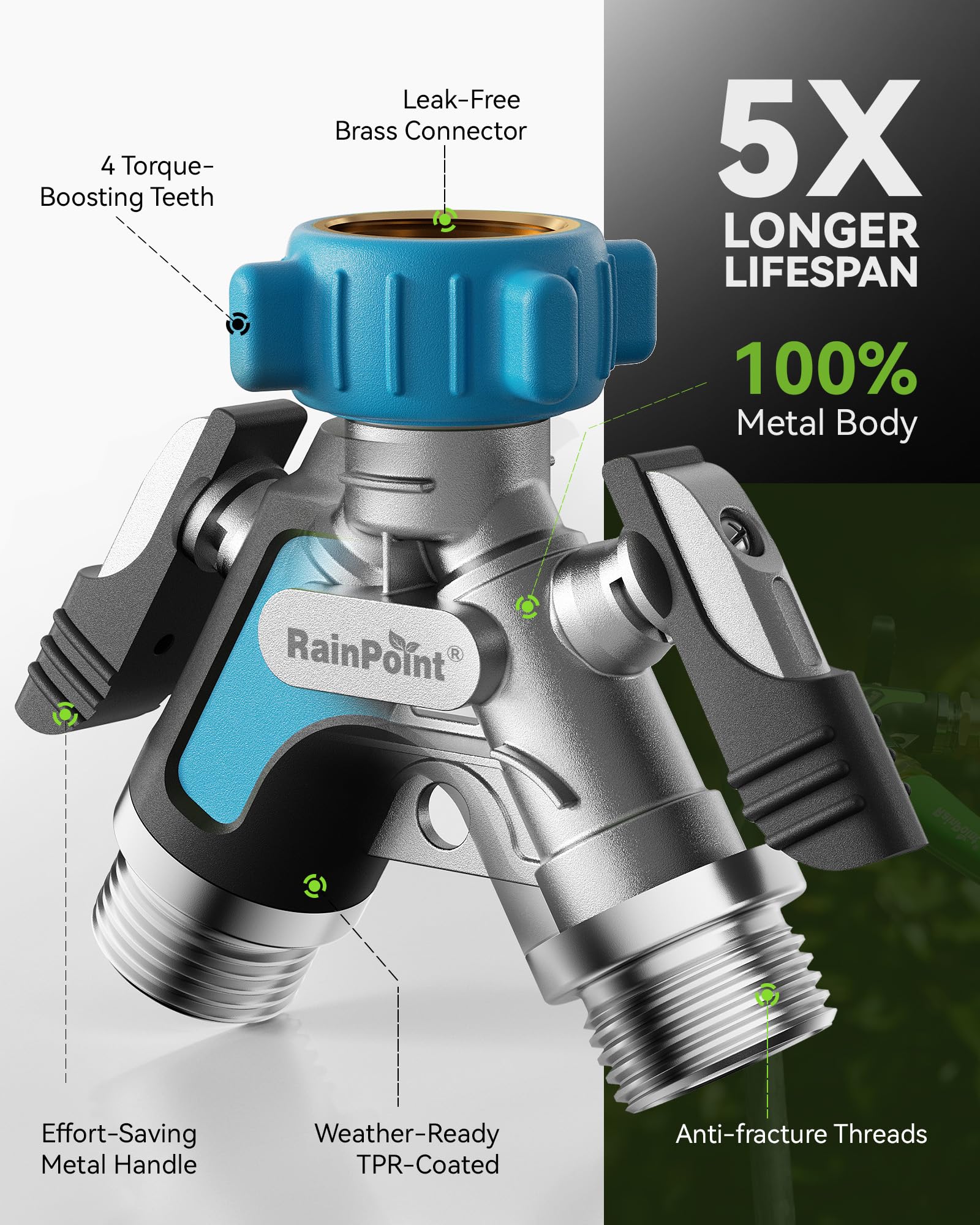RAINPOINT garden hose splitter leak-proof inlet thread prevents leaks