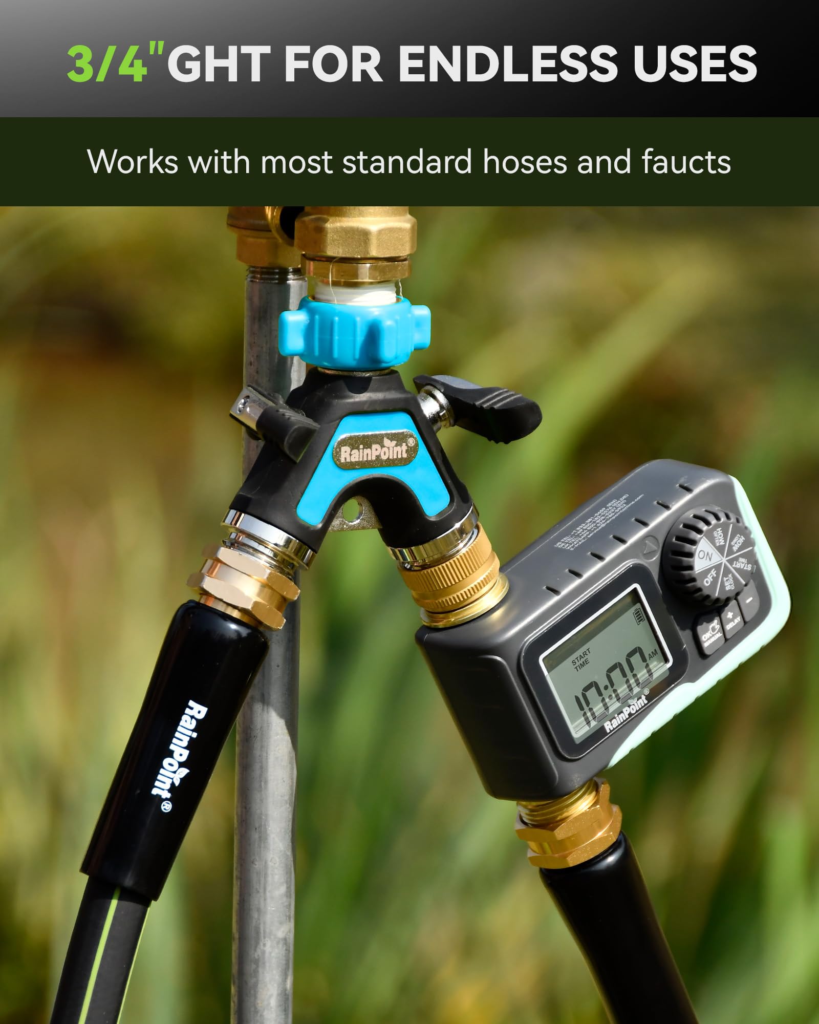 RAINPOINT garden hose splitter outlets spaced for bigger attachments