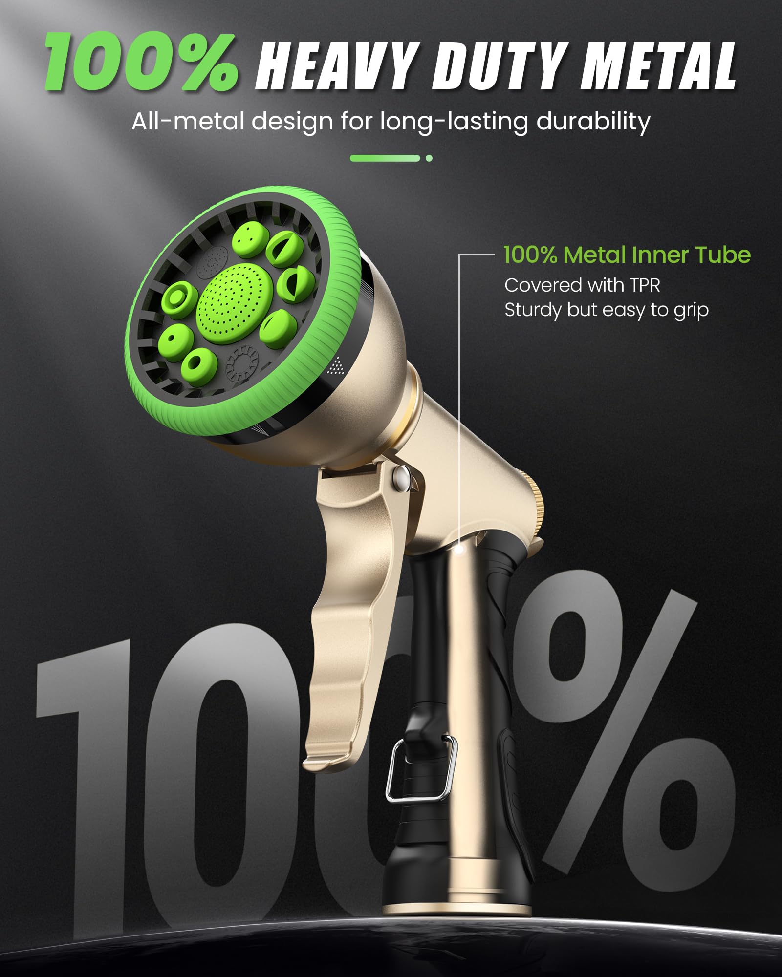 RAINPOINT hose nozzle showing nine spray patterns for versatile watering tasks.