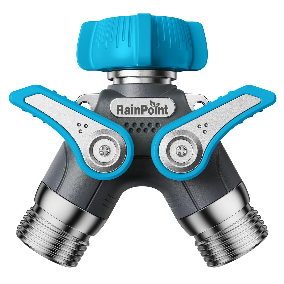 RAINPOINT hose splitter front view highlights metal body and dual outlets for outdoor use.