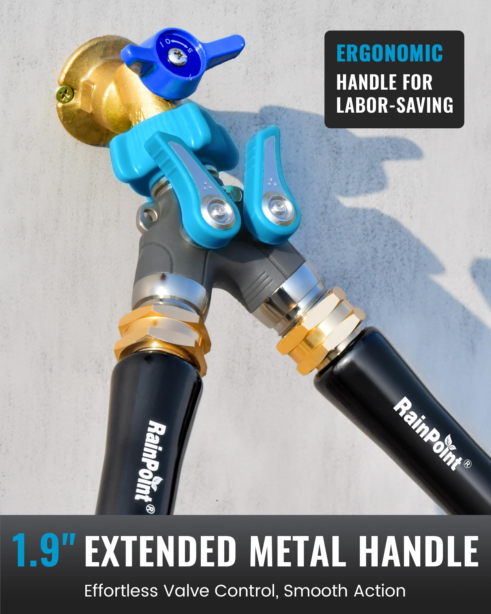 RAINPOINT hose splitter metal body closeup showcases 100% metal construction.